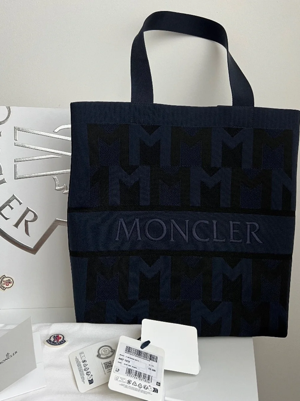 Moncler Bag Unisex Large Tote Navy Blue Knitted Jacquard Shopper Travel $1,500